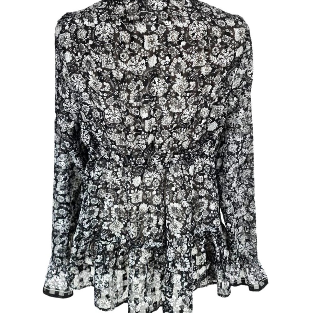 KNOX ROSE Black & White Floral Long-Sleeve Peplum Top Large